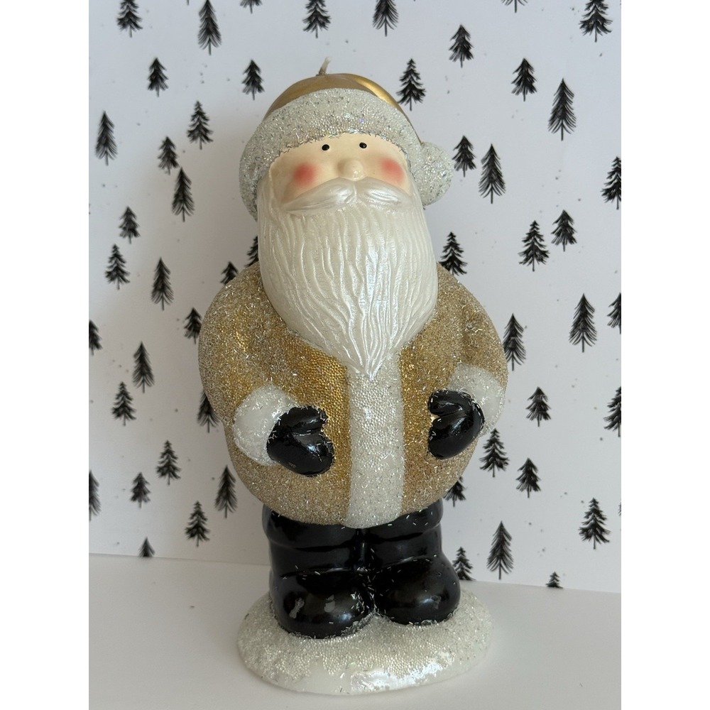Pottery Barn BOUGIE 9" CHRISTMAS SANTA CANDLE Gold/Glitter/Beaded 160 Hours Burn